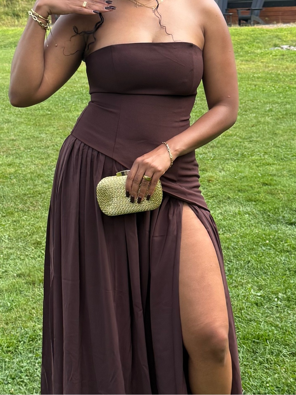 Strapless Brown Maxi Dress with High Side Slit and scarf.